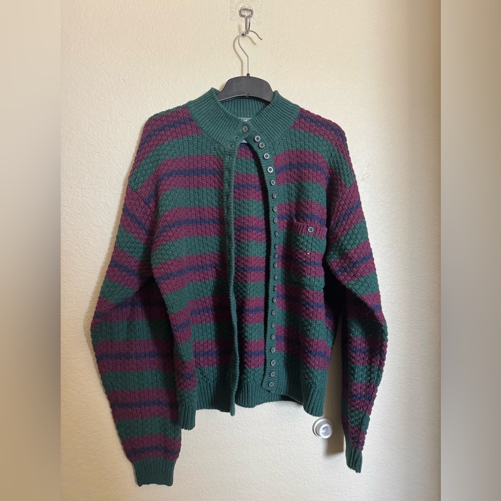 Vintage Striped Knit Cardigan‎ Sweater Sz L in Purple Green Navy Oversized Rugby